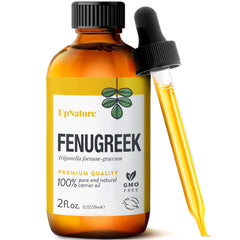 UpNature frasco frontal de aceite de fenogreco muestra presentación y pureza