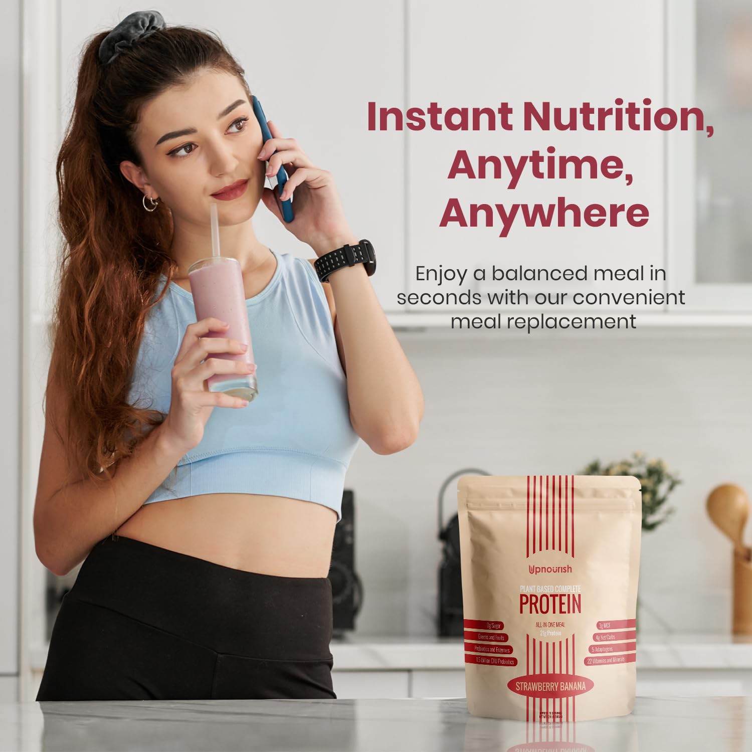 Escena de desayuno con UpNourish integrándose a la rutina diaria