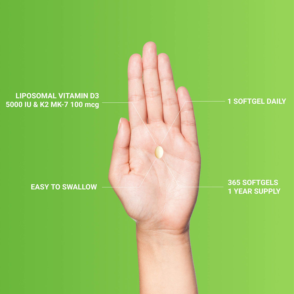 UpNourish botella abierta con softgels mostrando cantidad anual