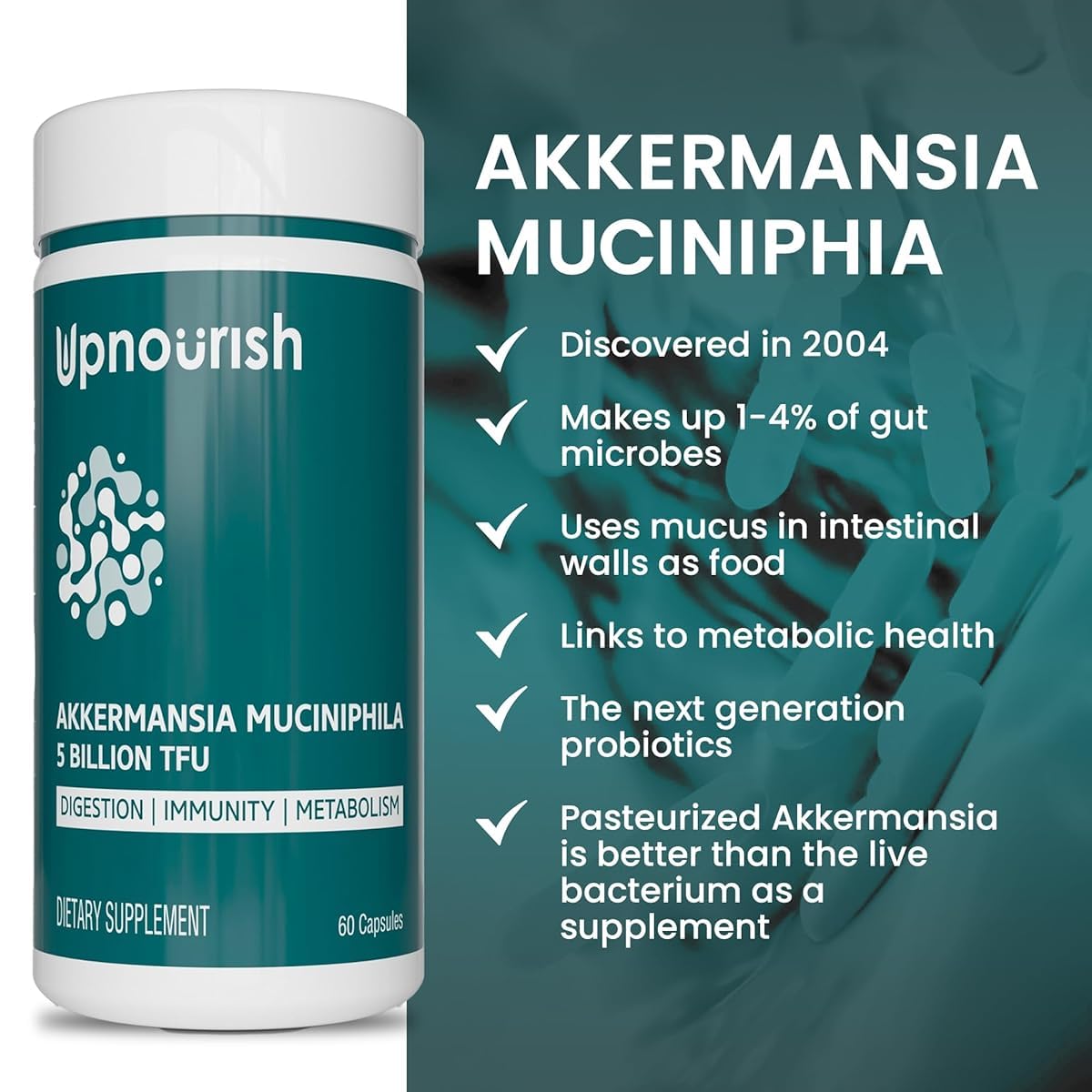 UpNourish cápsulas detalle que destaca calidad y fácil de tragar