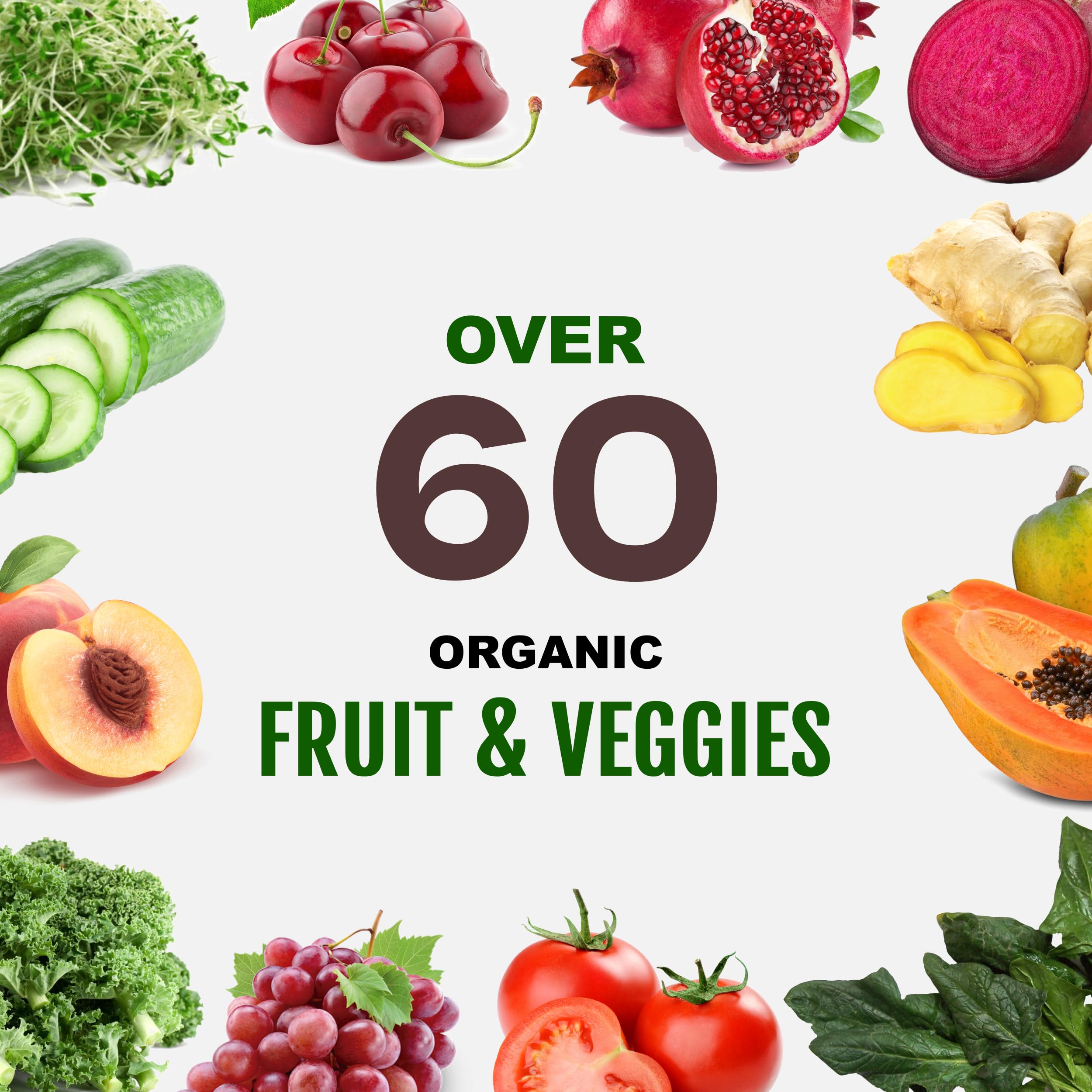 UpNourish etiqueta destacando 62 ingredientes orgánicos y limpio