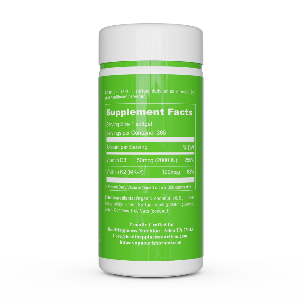 UpNourish etiqueta de ingredientes mostrando D3 2000 IU y K2 MK‑7 100 mcg
