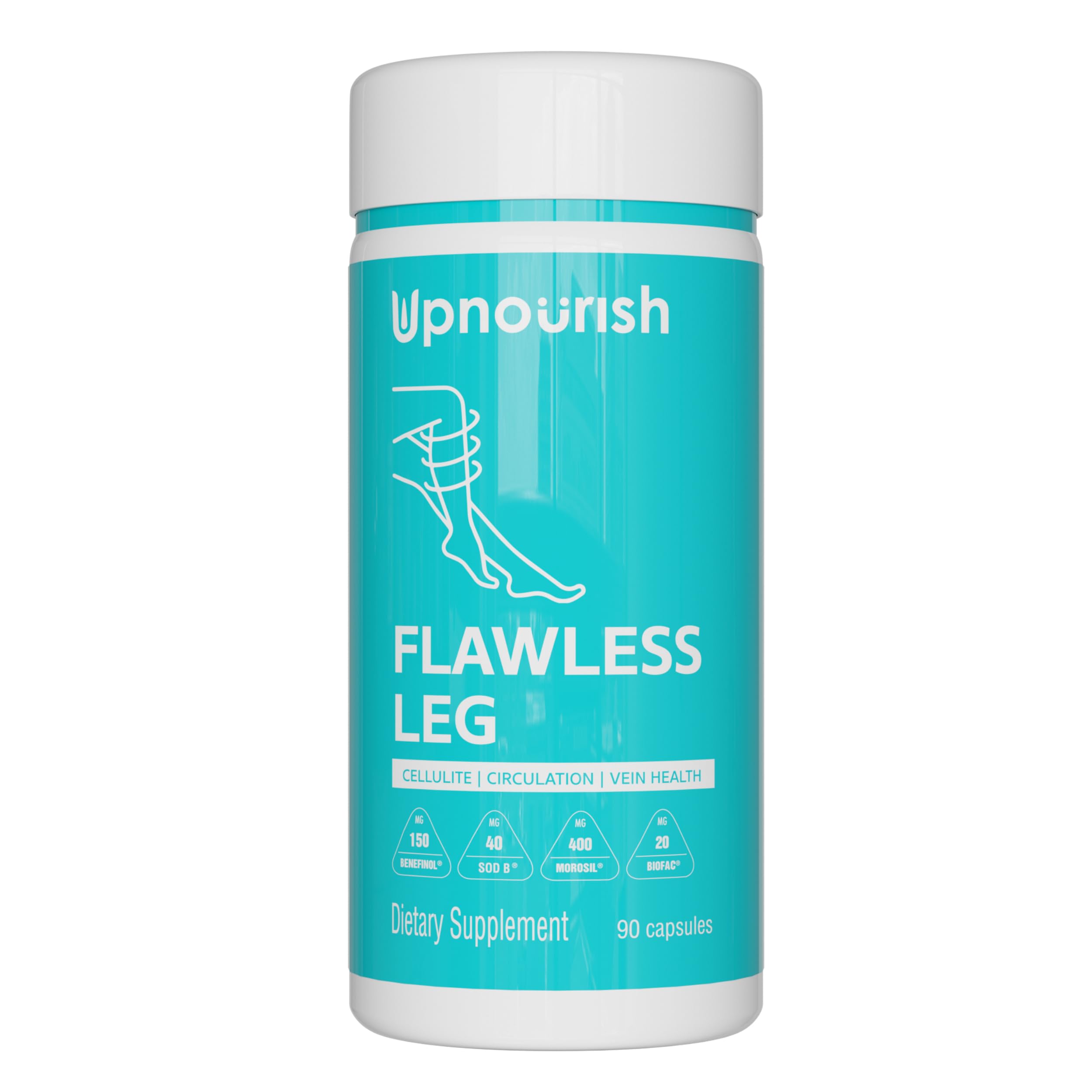 UpNourish frasco delante mostrando envase y beneficio de soporte para piernas