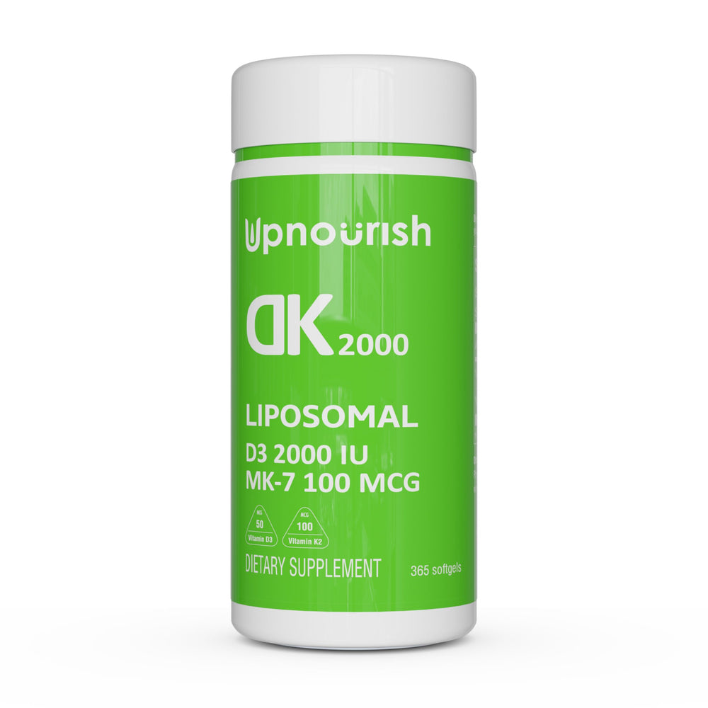 UpNourish frasco delantero mostrando 365 softgels y beneficio de suministro anual