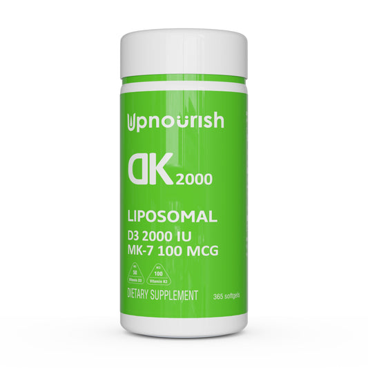 UpNourish frasco delantero mostrando 365 softgels y beneficio de suministro anual