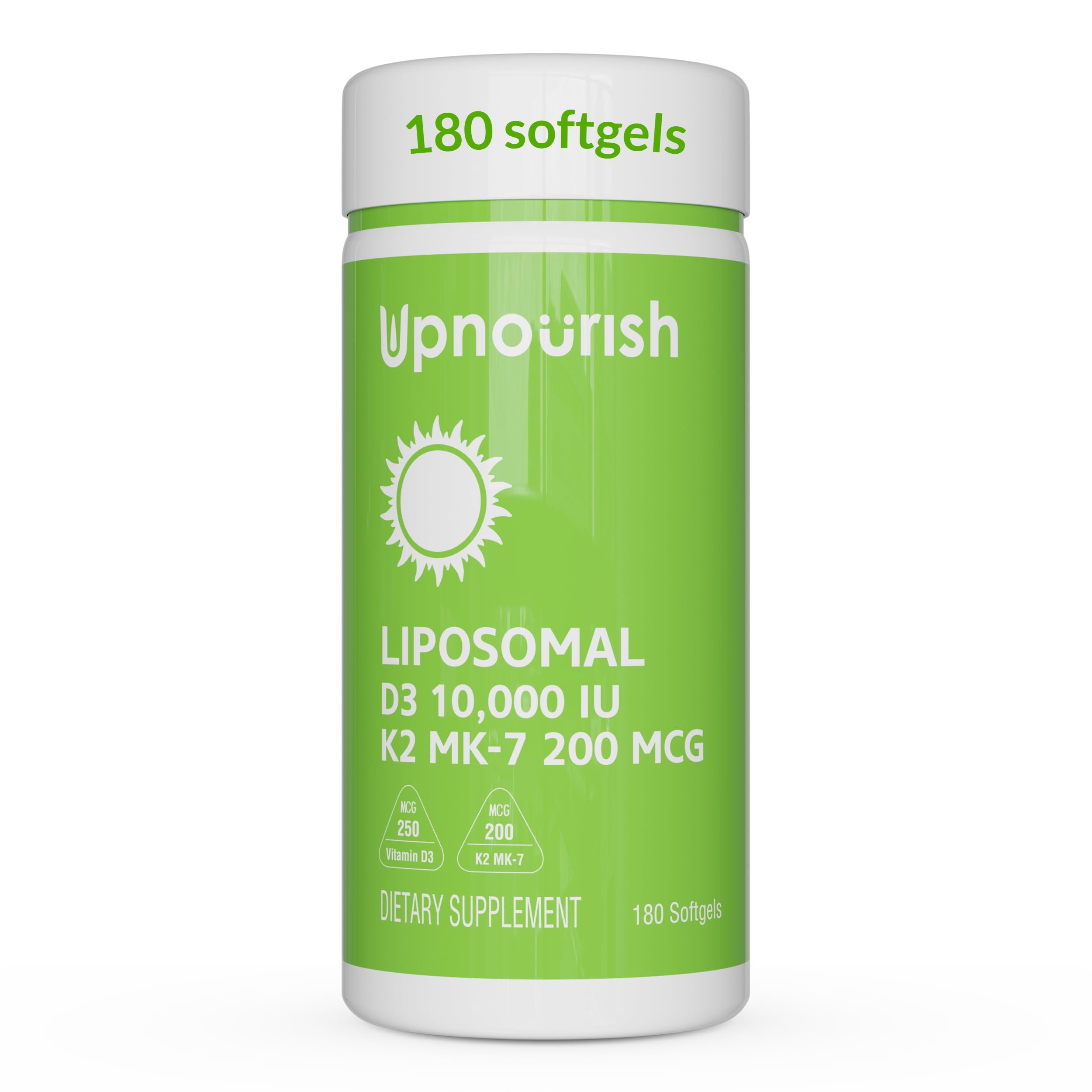 UpNourish frasco frente mostrando etiqueta y beneficio de alta potencia