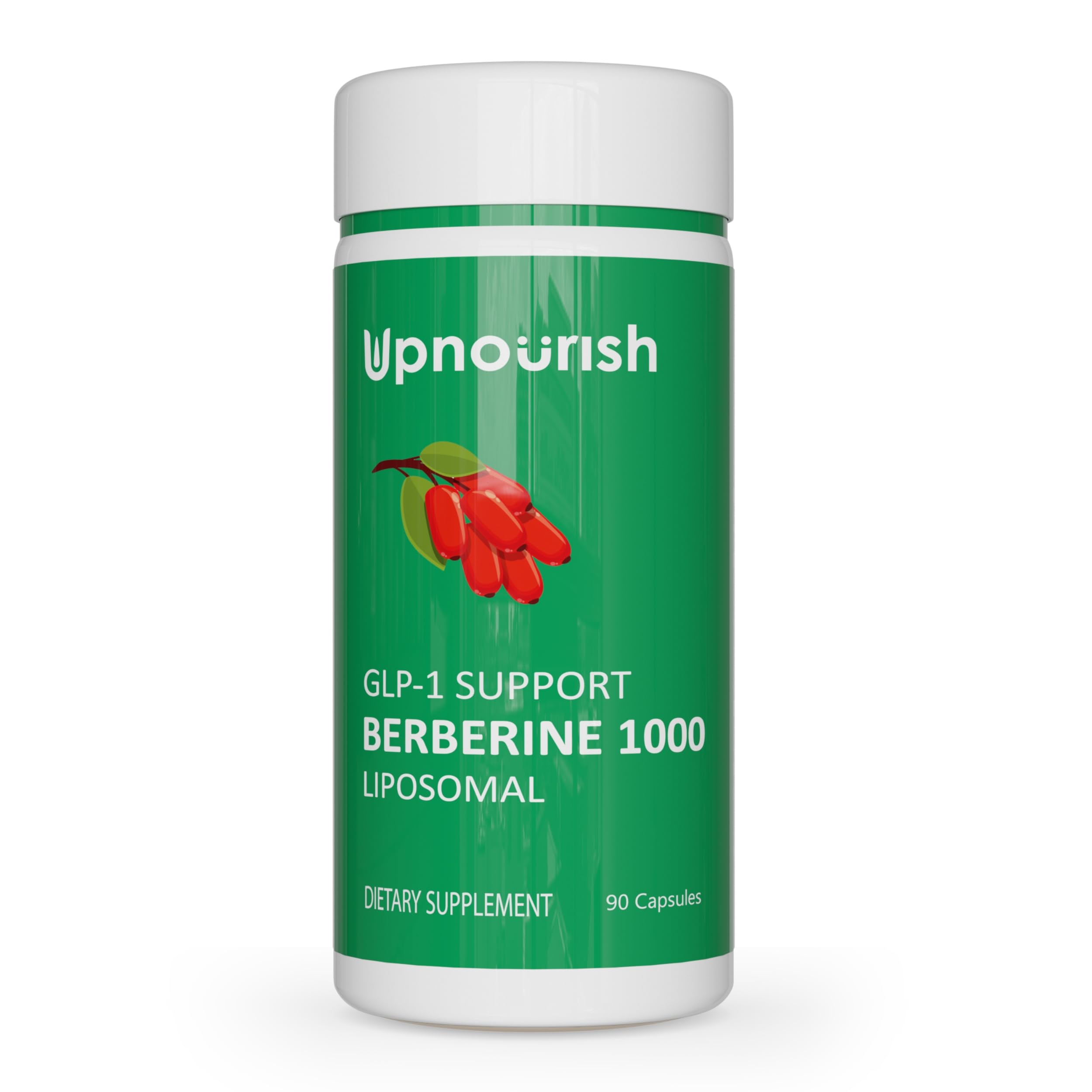 UpNourish frasco frontal mostrando berberina liposomal y beneficio de absorción mejorada