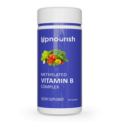 UpNourish frasco frontal mostrando 240 cápsulas y beneficios del complejo B