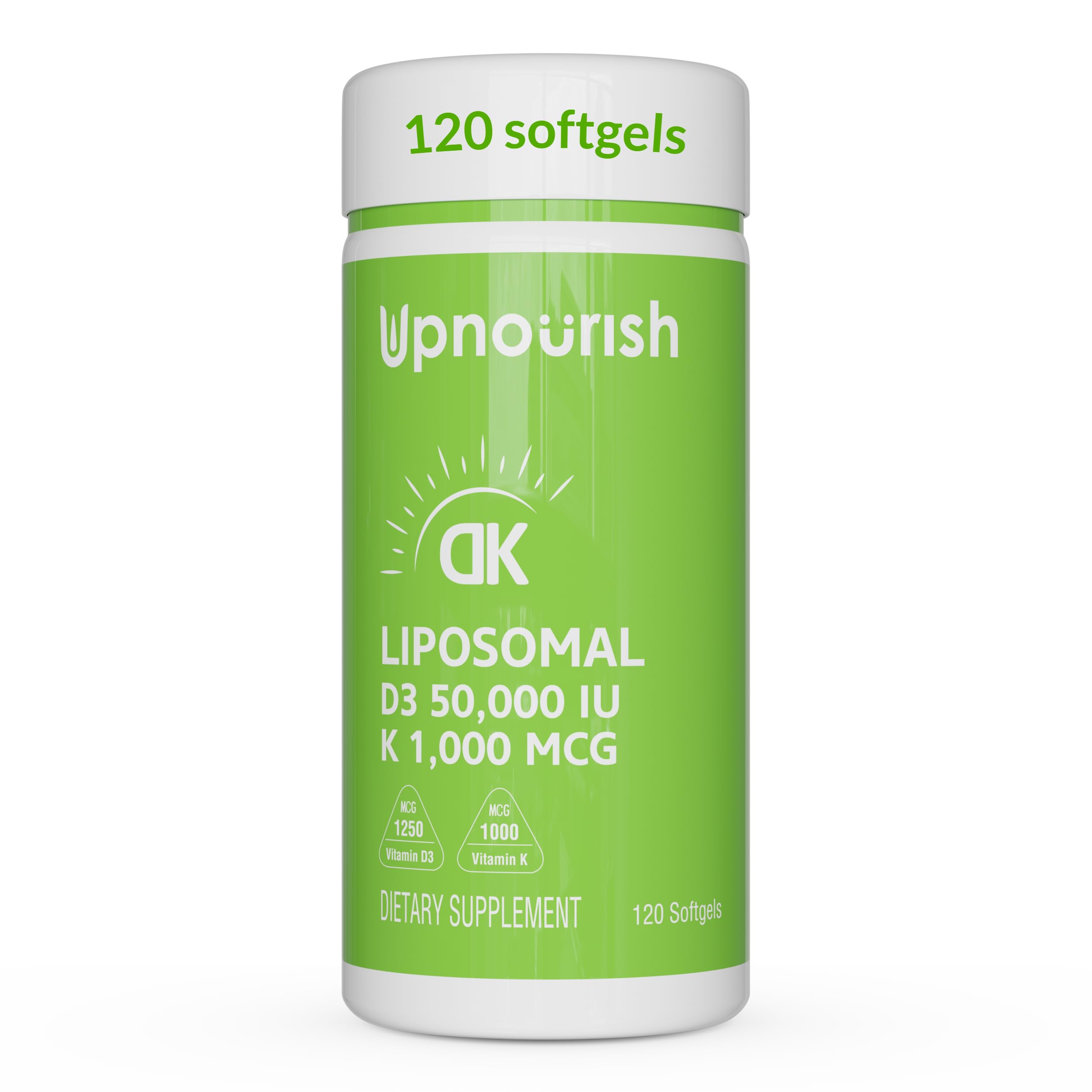 UpNourish frasco frontal mostrando etiqueta y concentración 50,000 IU con ventaja informativa