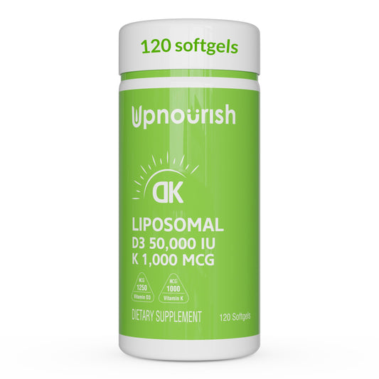 UpNourish frasco frontal mostrando etiqueta y concentración 50,000 IU con ventaja informativa