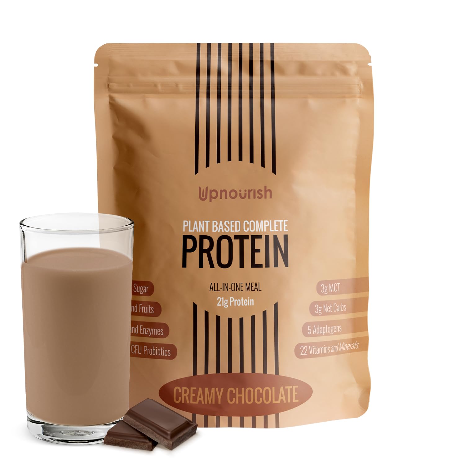 UpNourish envase frontal mostrando marca y sabor chocolate, beneficio conveniencia