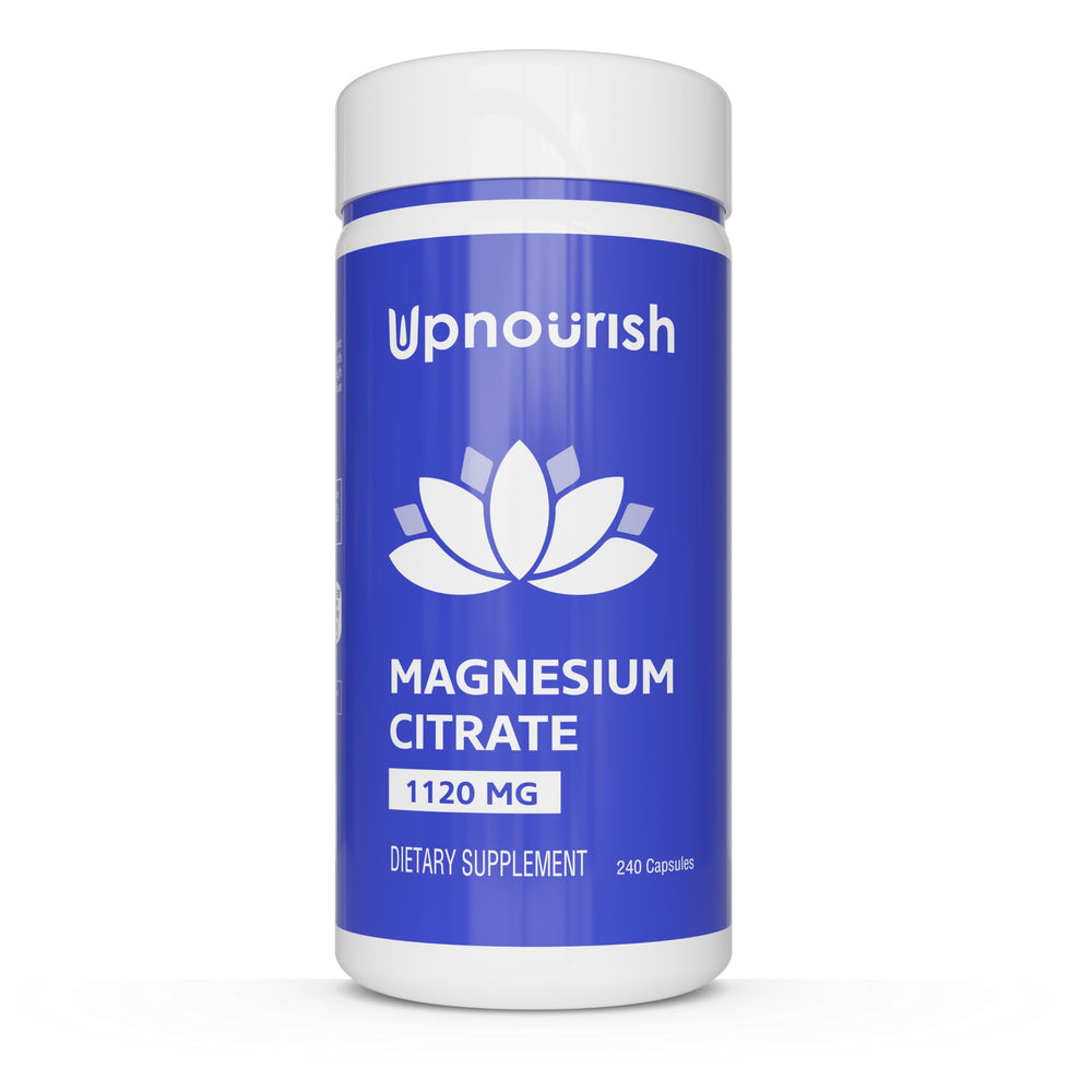 UpNourish envase frontal de citrato de magnesio, presentación clara y beneficios