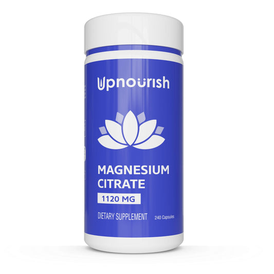 UpNourish envase frontal de citrato de magnesio, presentación clara y beneficios
