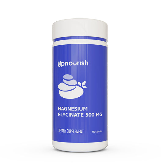 UpNourish envase frontal de Magnesium Glycinate, presentación clara y profesional beneficios de absorción