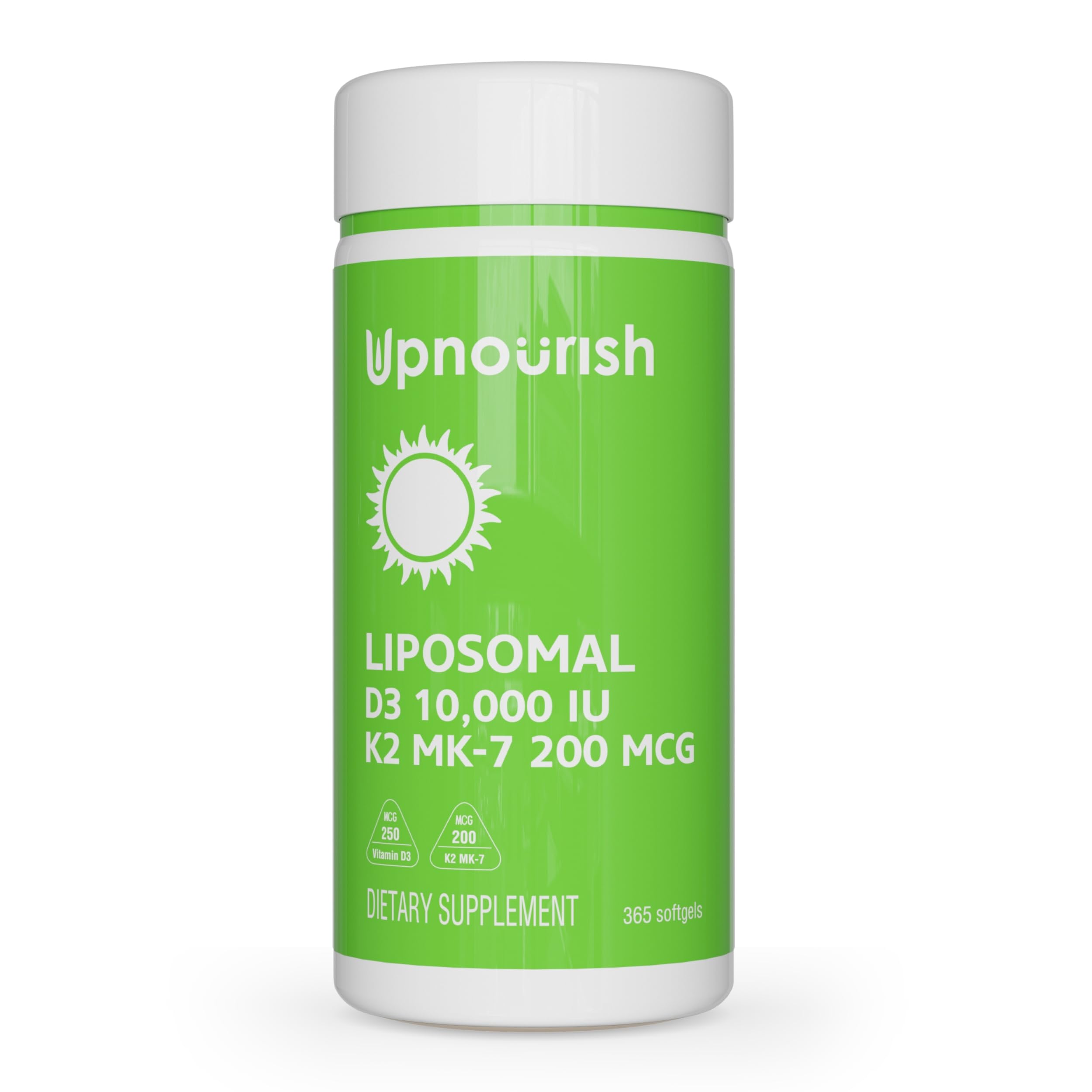 UpNourish vista frontal del envase mostrando dosis y beneficios