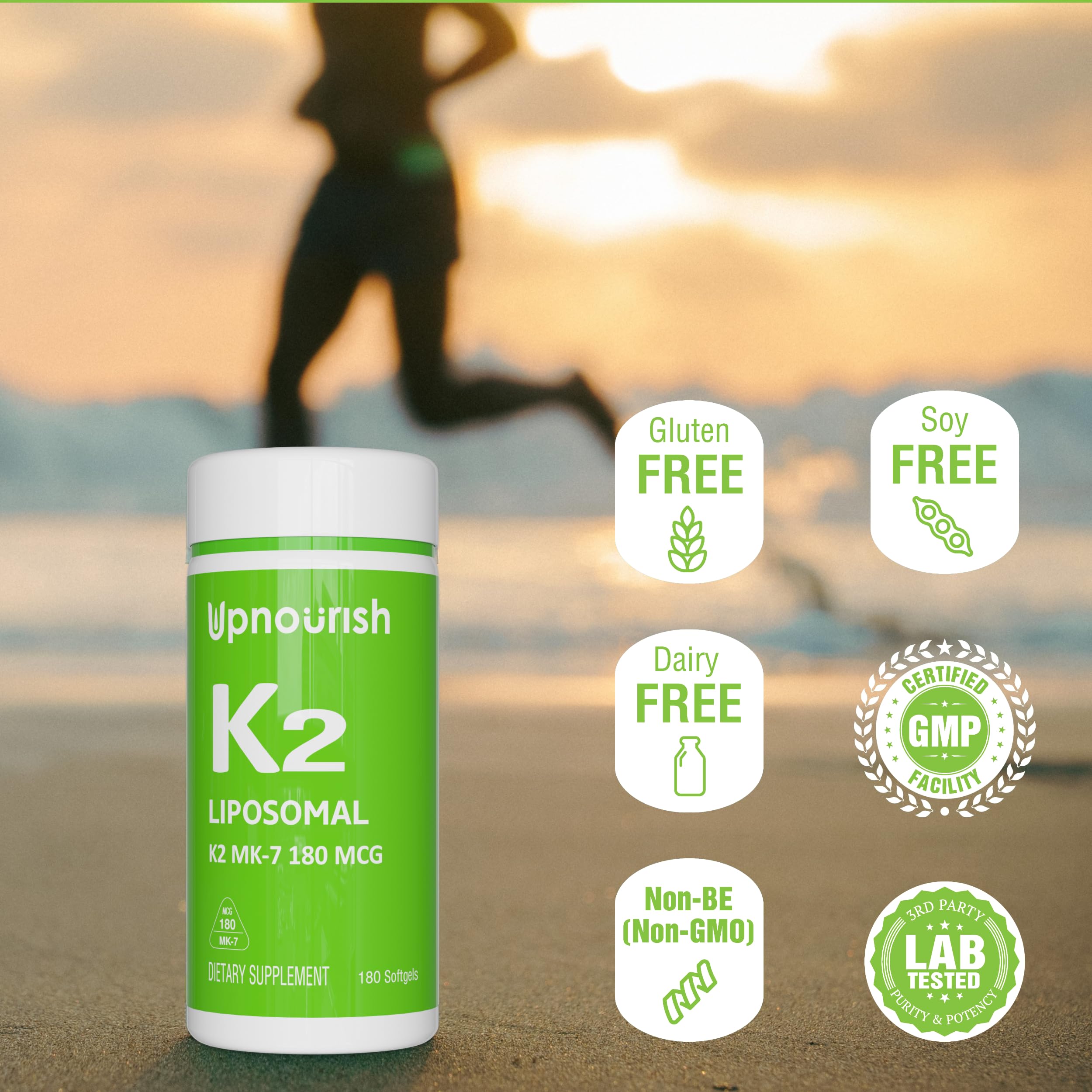 UpNourish frasco abierto con softgels resaltando cantidad por envase