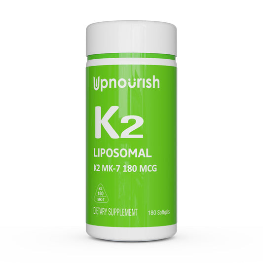 UpNourish liposomal K2 MK7 softgel close-up, easy-to-swallow for daily use.