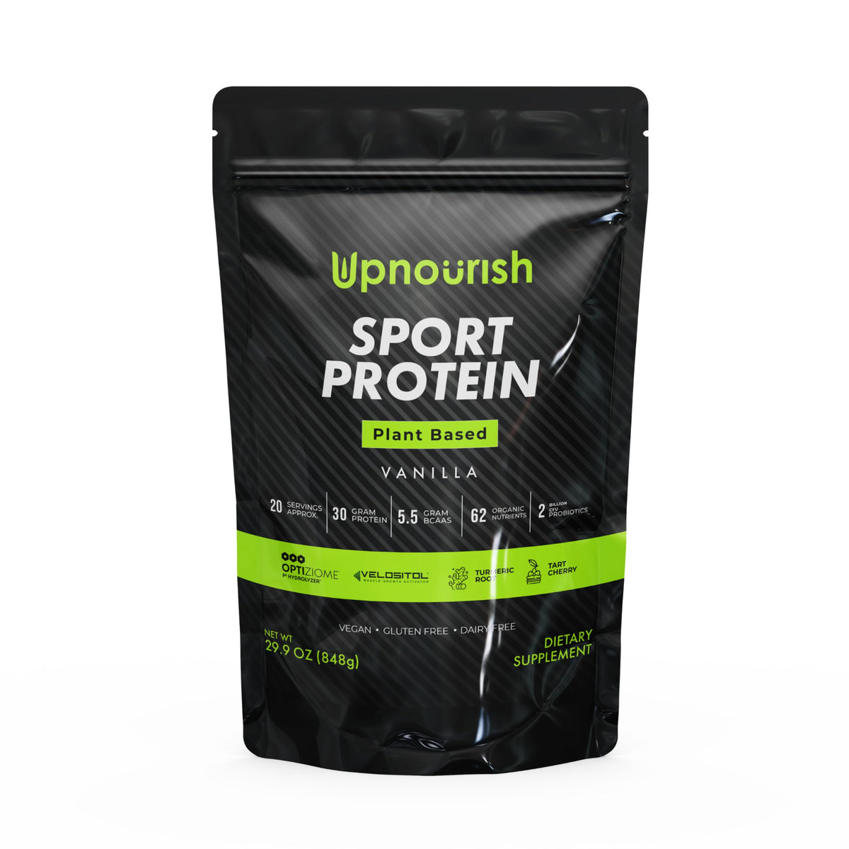 UpNourish proteína vegana en bote para recuperación después del entrenamiento.