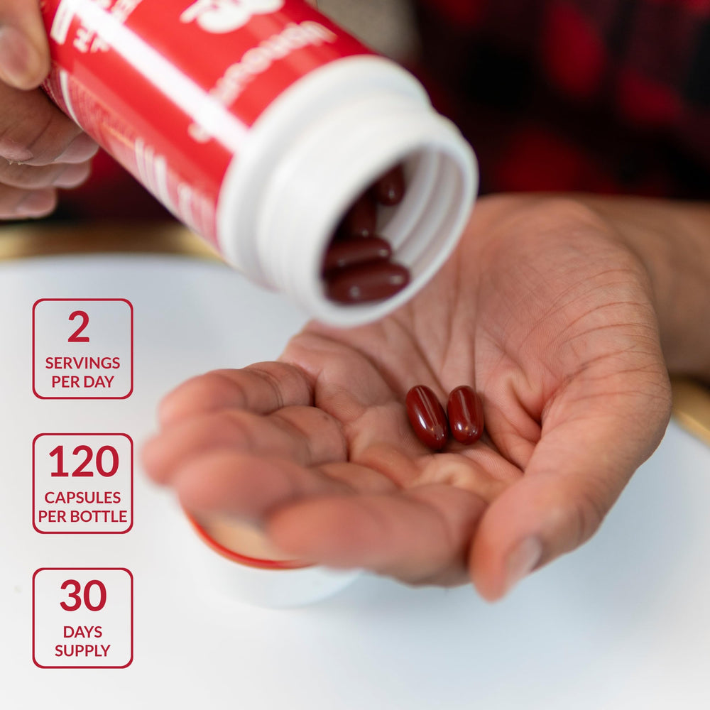 UpNourish frasco en mesa de cocina junto a alimentos, integra suplemento en rutina