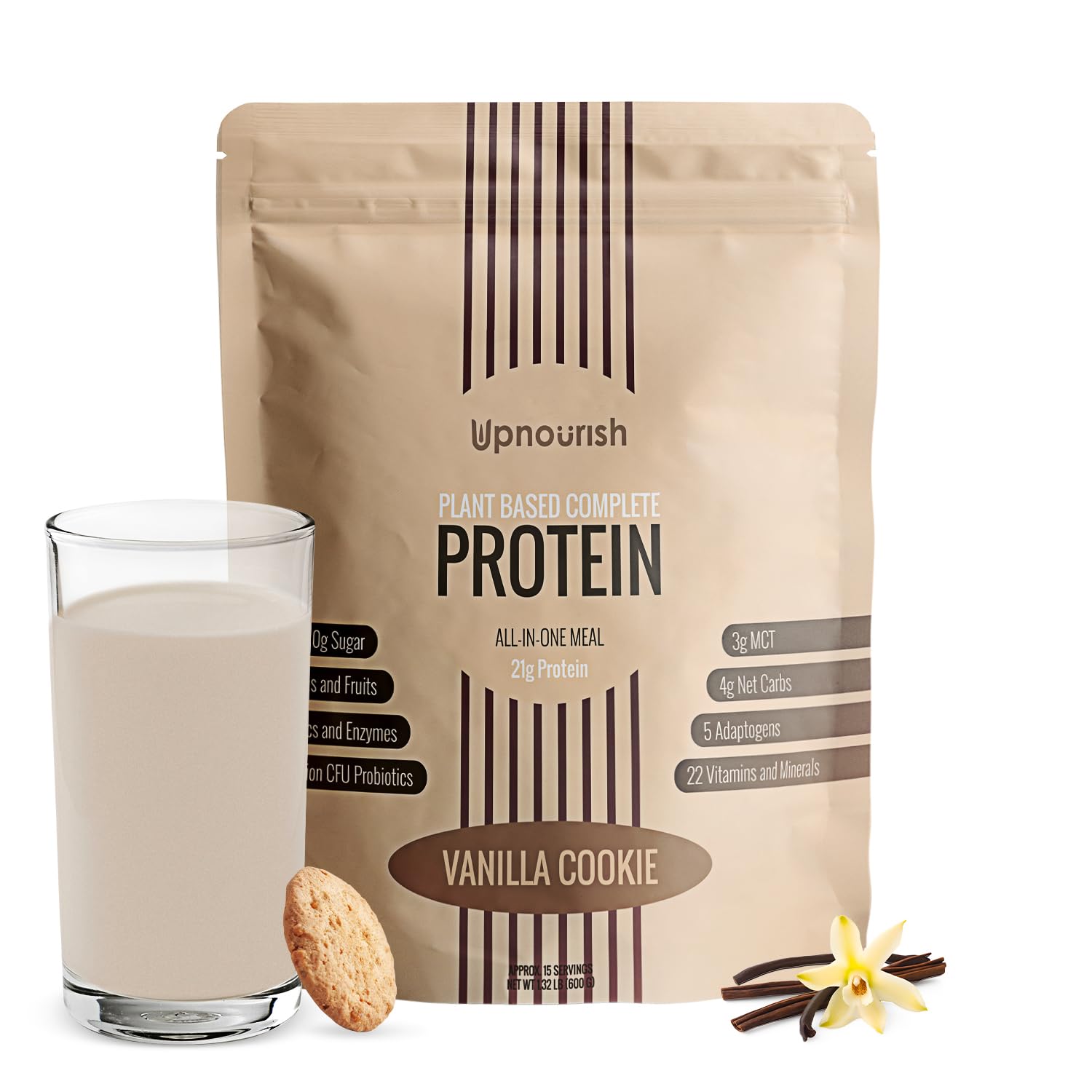 Envase UpNourish Vainilla Cookie mostrando la marca y beneficio práctico