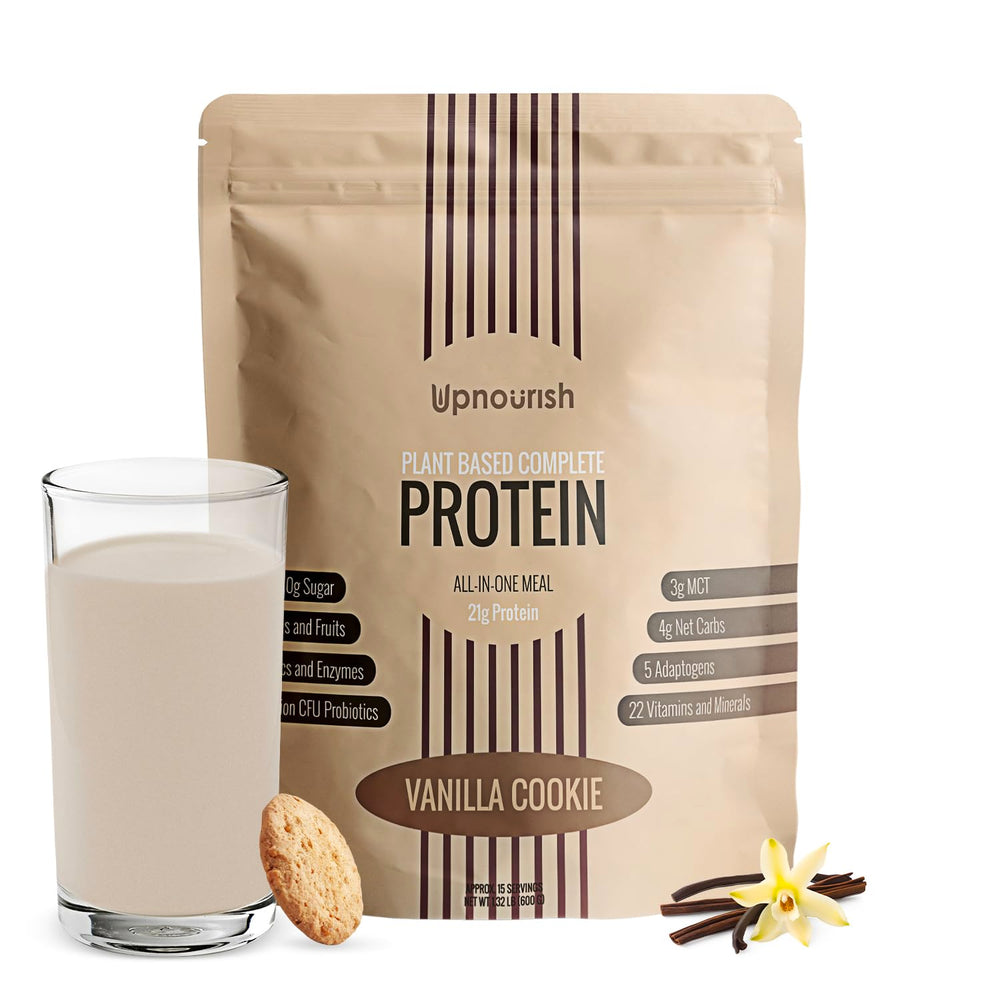 Envase UpNourish Vainilla Cookie mostrando la marca y beneficio práctico