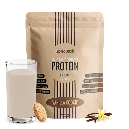 Envase UpNourish Vainilla Cookie mostrando la marca y beneficio práctico