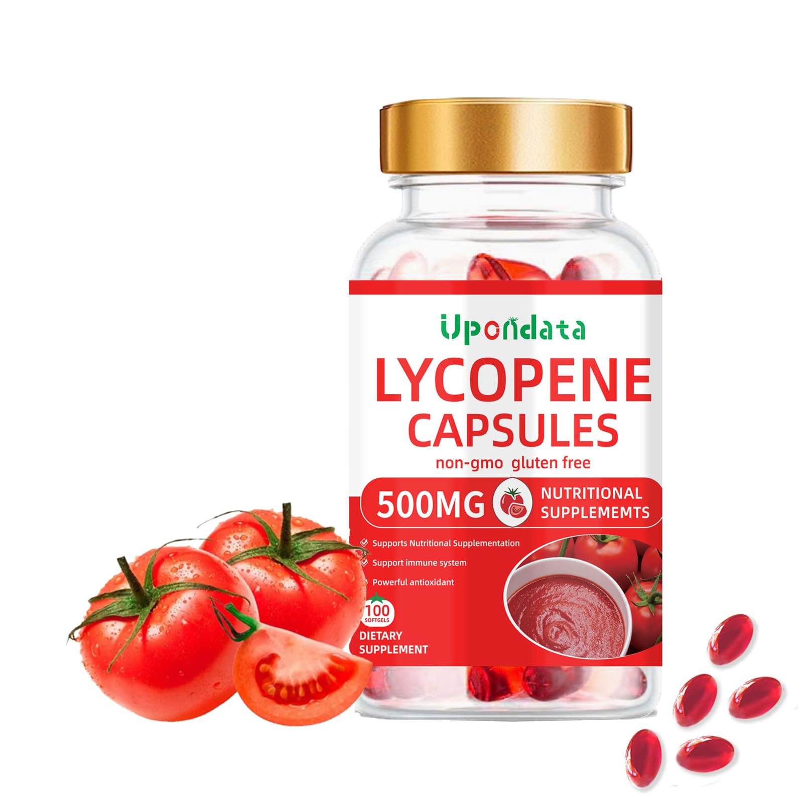 Upondata licopeno envase frontal mostrando 100 softgels y beneficios claros