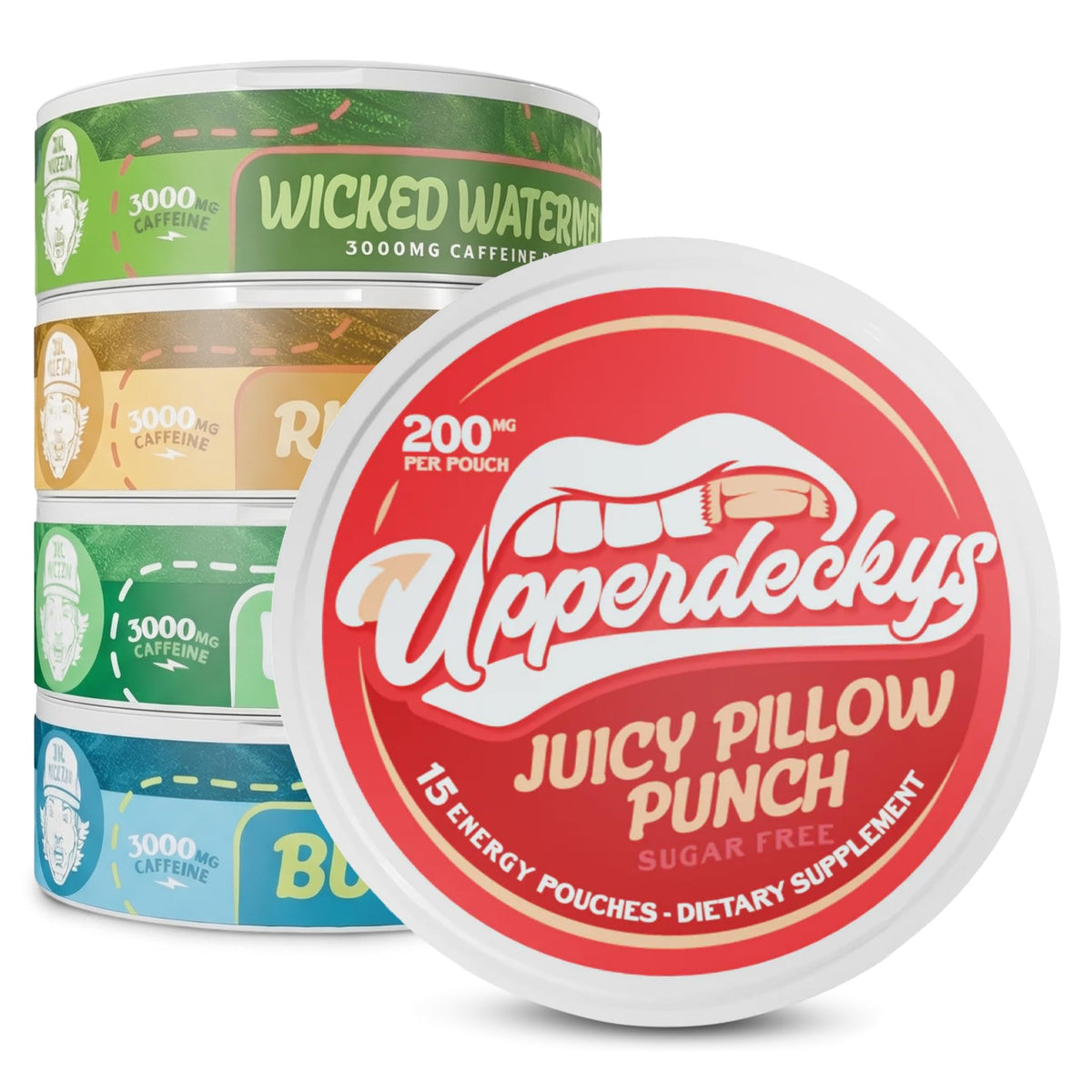 Upperdeckys frontal del paquete mostrando seis pouches y variedad de sabores beneficios prácticos
