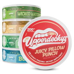 Upperdeckys frontal del paquete mostrando seis pouches y variedad de sabores beneficios prácticos