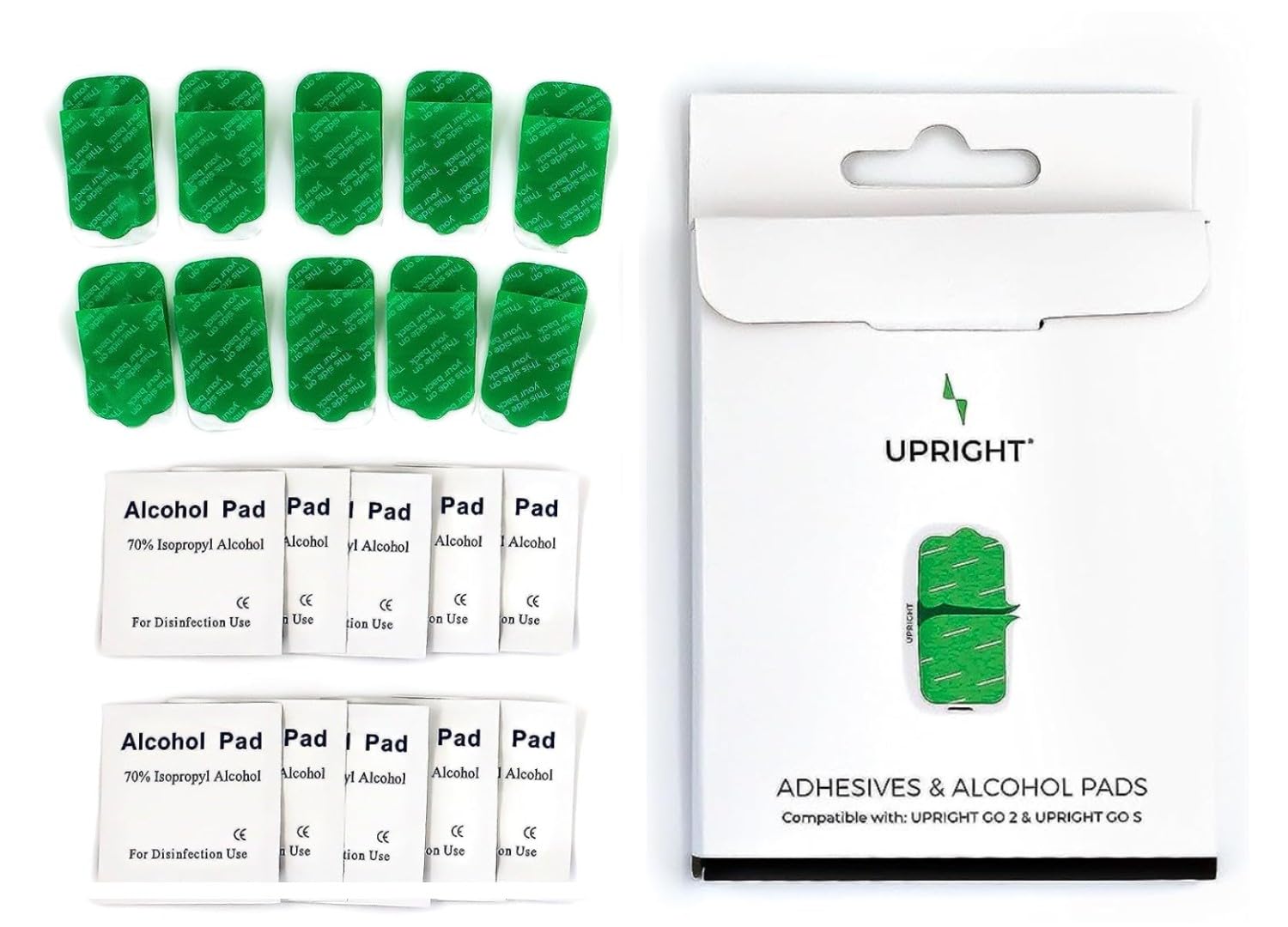 Upright GO pack frontal mostrando 10 adhesivos y beneficios de durabilidad