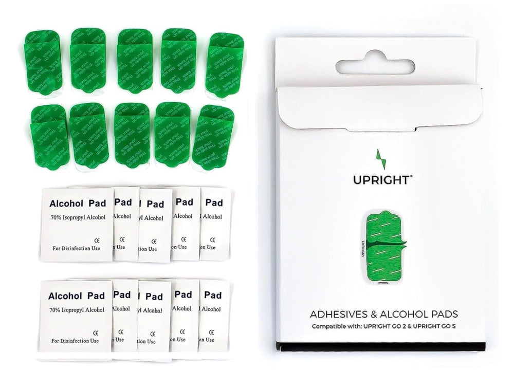 Upright GO pack frontal mostrando 10 adhesivos y beneficios de durabilidad
