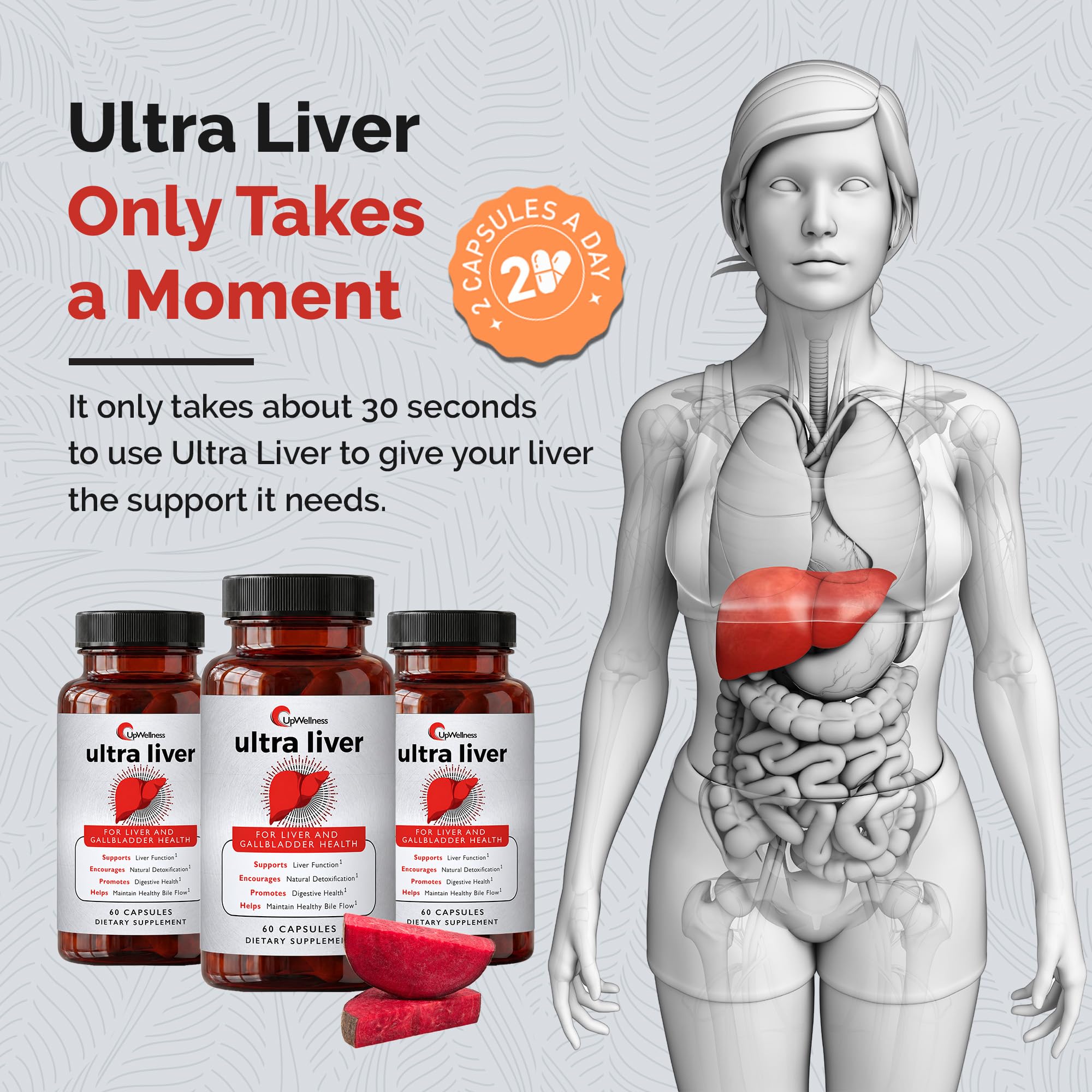 UpWellness Ultra Liver frasco en mesa junto a comida para uso diario seguro