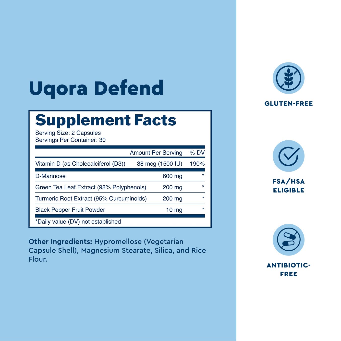Etiqueta de Uqora Defend con lista de ingredientes clave y transparencia informativa