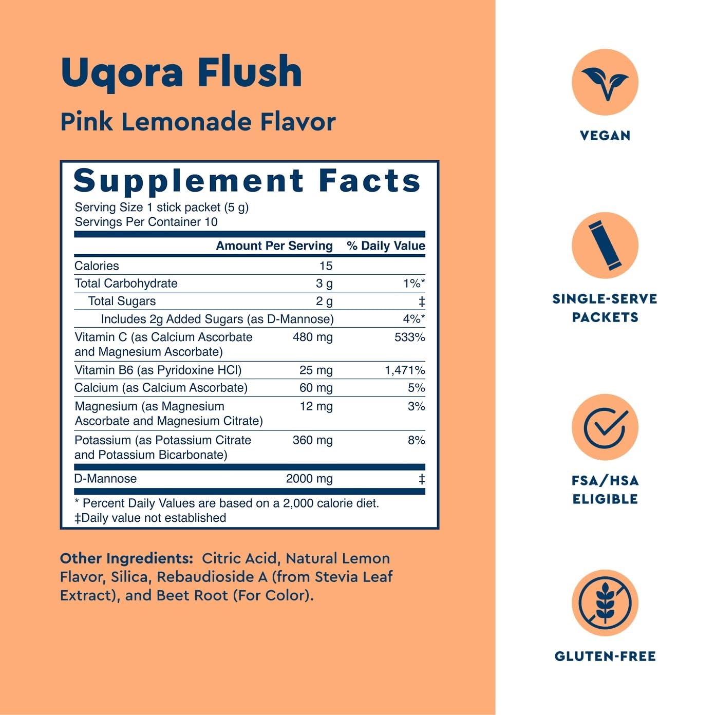 Uqora Flush etiqueta con lista de ingredientes, transparencia y información clara