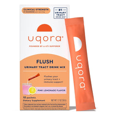 Uqora Flush frente del empaque mostrando diseño y sabor pink lemonade, conveniencia
