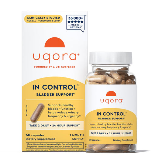 Uqora envase frontal mostrando la marca y beneficio de apoyo vesical