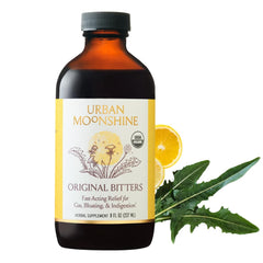 Urban Moonshine frente de la botella mostrando el envase y alivio digestivo