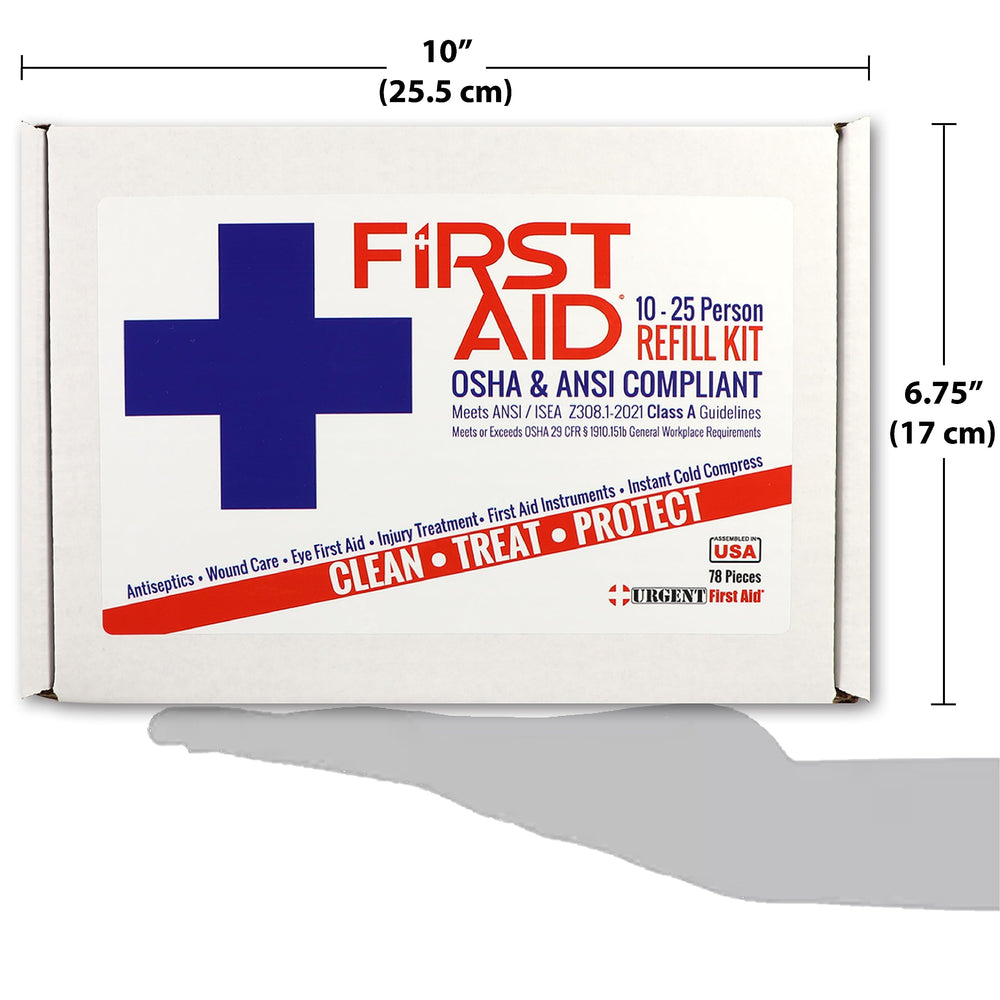 Urgent First Aid comparación de tamaño con objeto cotidiano para referencia