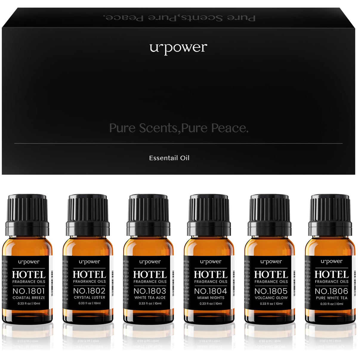 URPOWER vista frontal del set mostrando seis botellas, aporta lujo inmediato