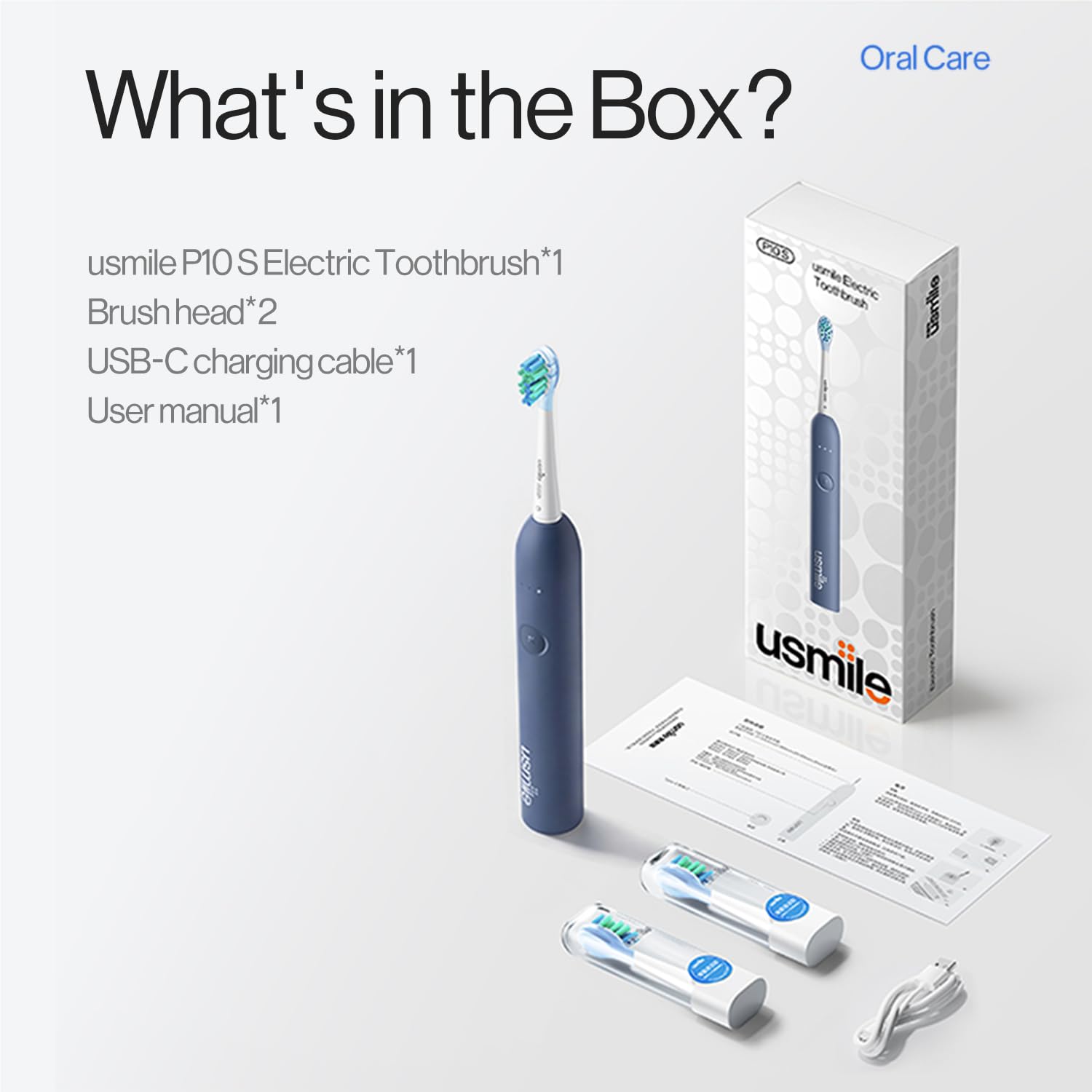 usmile P10S caja abierta con mango, dos cabezales y cable USB-C incluidos