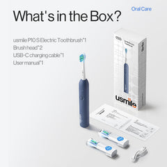 usmile P10S caja abierta con mango, dos cabezales y cable USB-C incluidos