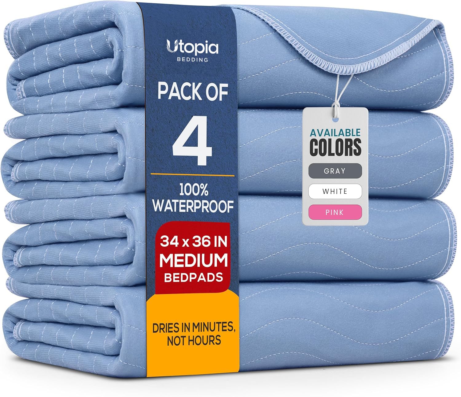 Utopia Bedding vista frontal del empaque mostrando cuatro almohadillas y beneficio de protección