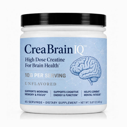 Utzy Naturals envase frontal CreaBrainIQ muestra 45 servicios y dosis clara