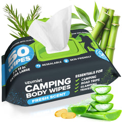Uzumist frente del paquete mostrando 50 toallitas para camping y conveniencia
