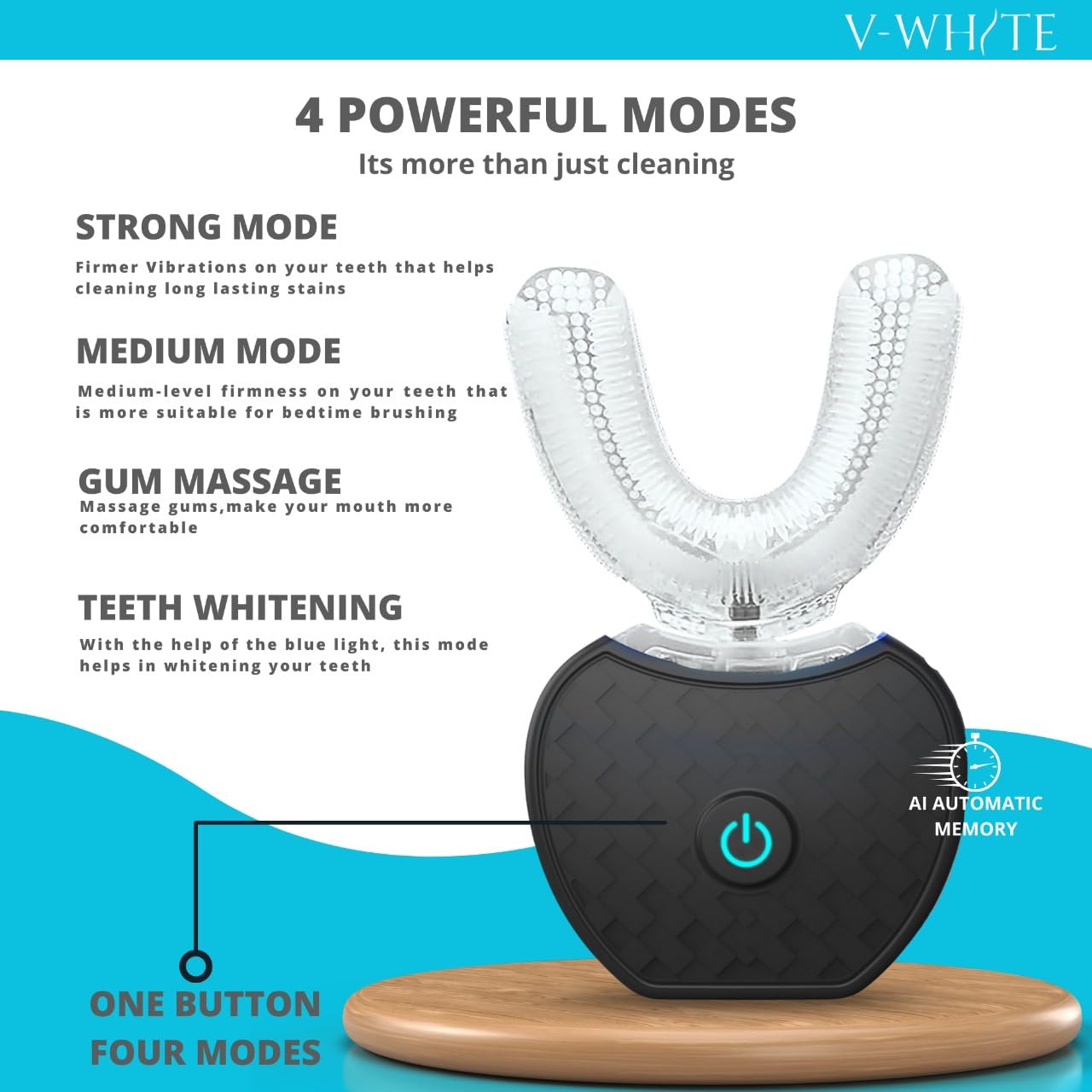 V-WHITE detalle de la superficie con vibración ultrasónica para limpieza profunda