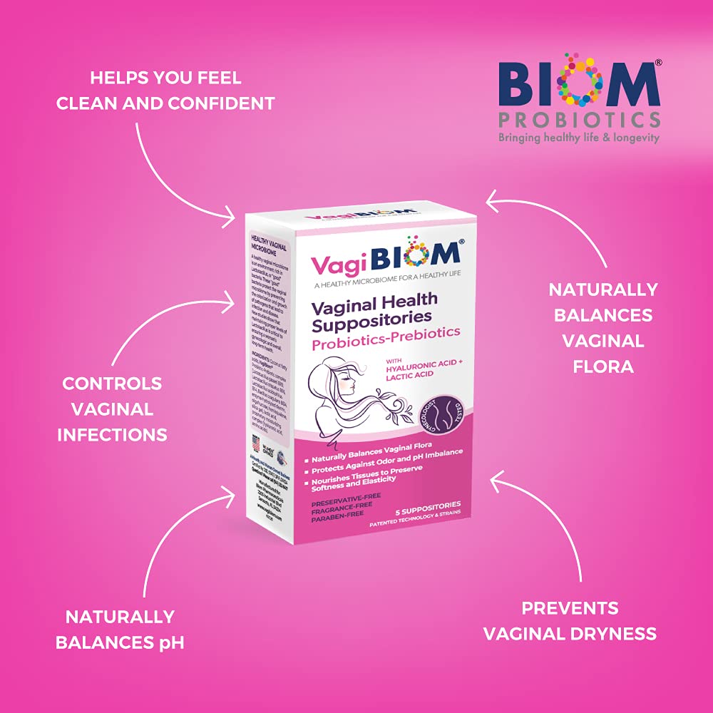 Etiqueta VagiBiom destacando cepas de Lactobacillus y ácido láctico como beneficios