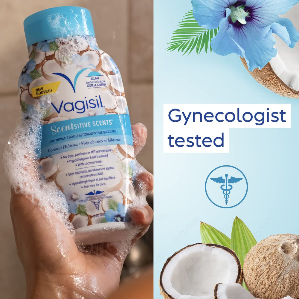Vagisil etiqueta frontal legible con información de libre de parabenos y pH balanceado