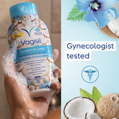 Vagisil etiqueta frontal legible con información de libre de parabenos y pH balanceado