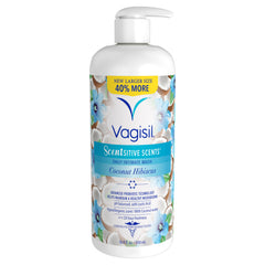 Vagisil botella frontal con bomba mostrando tamaño y facilidad de uso