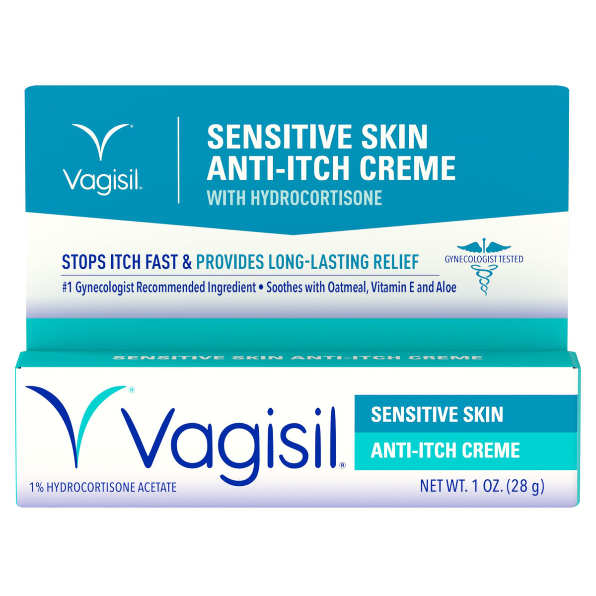 Vagisil frente del envase mostrando diseño y tamaño, alivia picor íntimo rápidamente